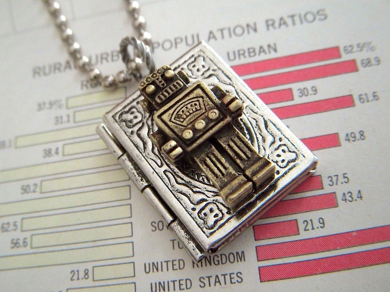 Small Robot Locket Necklace Boy's Steampunk Tiny Book Locket Robot Necklace image 7