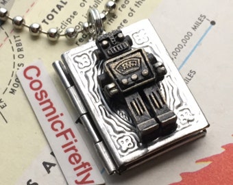 Small Robot Locket Necklace Boy's Steampunk Tiny Book Locket Robot Necklace