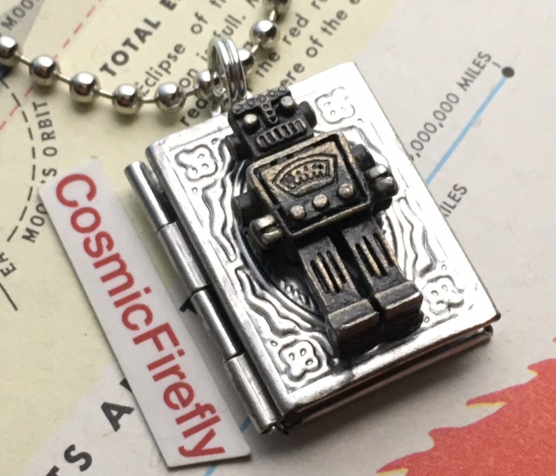 Small Robot Locket Necklace Boy's Steampunk Tiny Book Locket Robot Necklace image 1