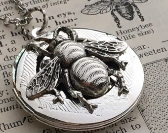 Handcrafted Bee Locket Necklace FREE Gift Box Antiqued Silver Plated Metal