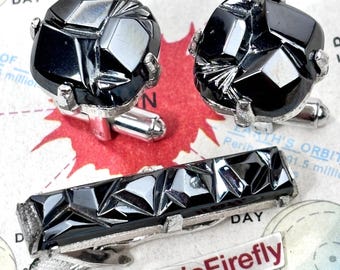 Vintage Hematite Cufflinks & Black Stone Tie Clip Atomic 1950's MCM Sara Coventry