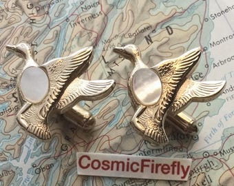 Vintage Flying Duck Cufflinks Mother of Pearl Inlay Brass Plated 1950's Mid-Century