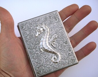 Metal Cigarette Case Gothic Victorian Seahorse Antiqued Silver Vintage Inspired Nautical Steampunk Art Nouveau 100's