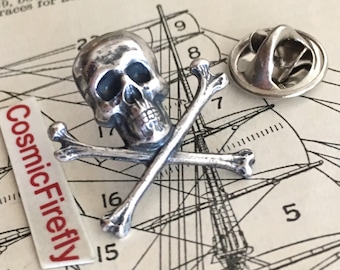 Small Mini Skull Tie Tack Steampunk Skull & Crossbones Gothic Victorian Pirate Antiqued Silver Plated Brass Metal Tiny