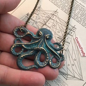 Rustic Green Octopus Necklace Aged Patina Color Primitive Finish Antiqued Brass Stamped Metal Long Brass Rolo Chain Women's Steampunk image 7