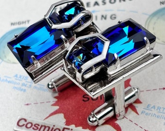 1950's Vintage Blue Glass Cufflinks Mid Century Crystal Rhinestones Silver Wedding MCM Atomic Age