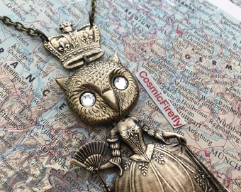 Steampunk Necklace Gothic Victorian Owl Queen Necklace Handcrafted Jewelry Gold Crown Owl Girl Glass Crystal Eyes Rustic Brass Metal