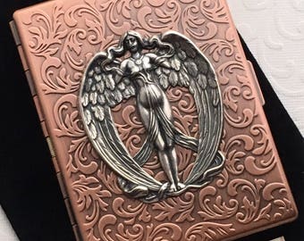 Angel Cigarette Case Big Rustic Antiqued Gothic Victorian Art Nouveau Angel Vintage Inspired Copper Plated Metal 100's