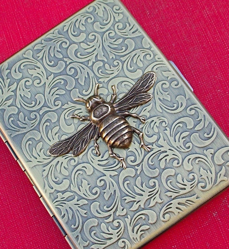 Metal Cigarette Case Antiqued Brass Bee Case Vintage Inspired Art Nouveau Gothic Victorian Steampunk Style Large Slim Card Case image 4