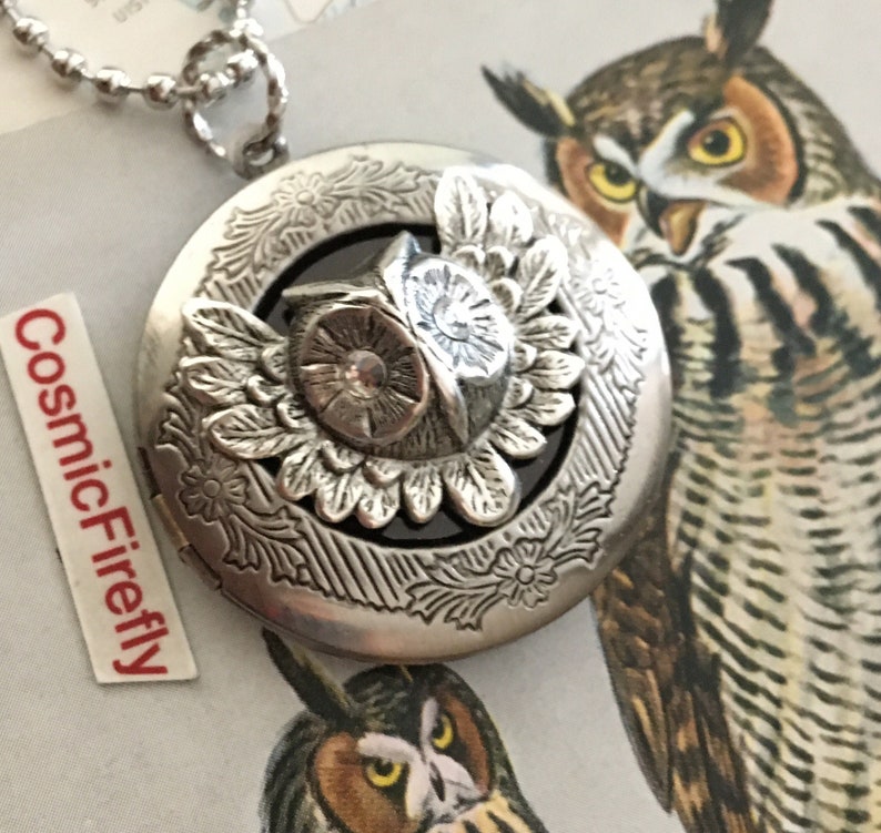 Rustic Owl Locket Necklace Vintage Inspired Round Antiqued Silver Metal Glass Crystal Eyes Popular Rustic Primitive Gothic Victorian image 1