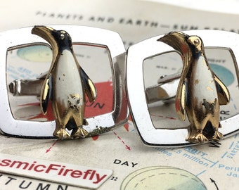 1950's Vintage Penguin Cufflinks Gay Wedding Silver MCM Mid Century Atomic