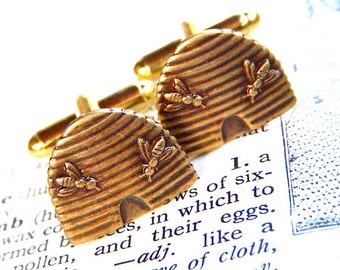 Antiqued Brass Honey Bee Hive Beehive Cufflinks Cosmic Firefly Handcrafted Steampunk Style