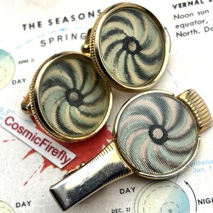 1950's Vintage Art Deco Hypnotic Motion Cufflinks & Tie Bar Clip Lenticular Moving Spiral Pinwheel Steampunk Anson USA