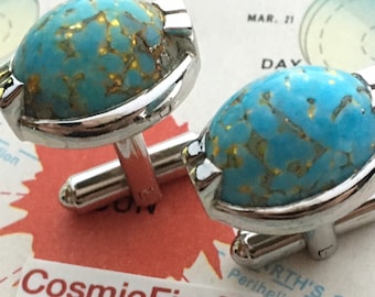 1950's Vintage Art Deco Cufflinks Chunky Imitation Turquoise Cabochon HICKOK USA Father's Day