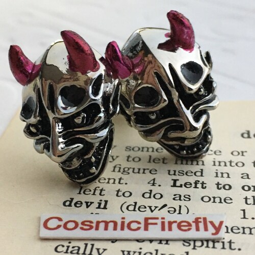 Big Devil Cufflinks Gothic Cufflinks BIG & Bold Large Size Shiny Silver Plated Devil Skull Cufflinks Red Horns Men's Cufflinks