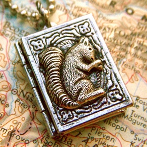 Small Squirrel Locket Necklace Novelty Costume Jewelry Rustic Antiqued Finish FREE Gift Box