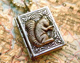 Small Squirrel Locket Necklace Novelty Costume Jewelry Rustic Antiqued Finish FREE Gift Box