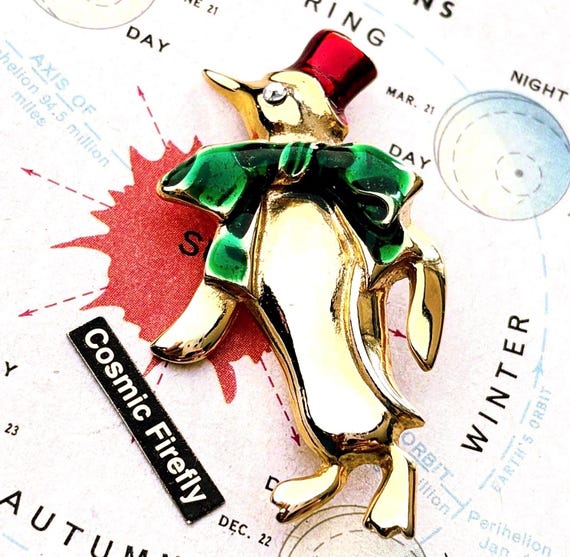 Vintage Christmas Penguin Pin Brooch Top Hat