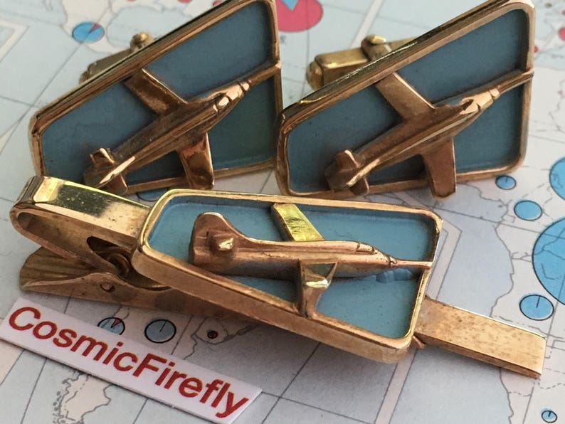 Mid Century Vintage Cufflinks USAF Jet Fighter Plane Steampunk Cufflinks Men/'s Cufflinks Antique Cufflinks Jet Pilot Tie Bar ANSON