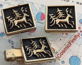 1950's Vintage Reindeer Cufflinks Steampunk Winter Wedding Mid Century Pine Tree Forest Modernist HICKOK USA