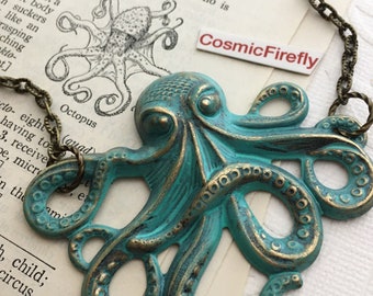 Big Octopus Necklace Rustic Turquoise Green Color Primitive Antiqued Finish Brass Metal