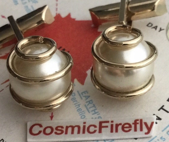 Vintage Atomic Cufflinks Brass Spiral Faux Pearl … - image 7