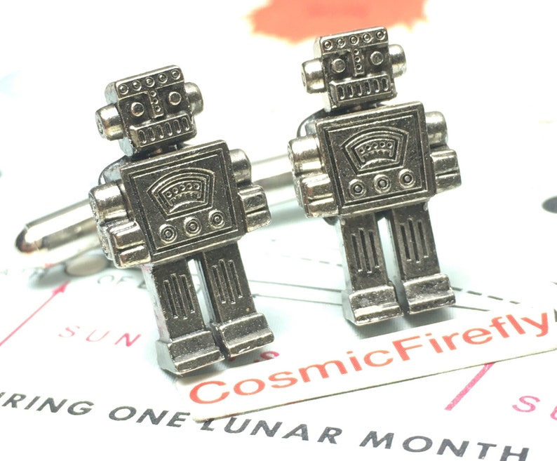 ROBOT CUFFLINKS Silver Plated Steampunk Wedding Cufflinks Gift Box image 1