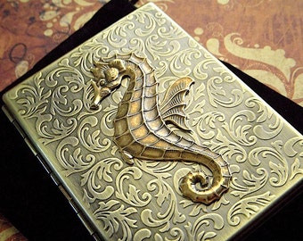 Metal Cigarette Case Brass Seahorse Rustic Antiqued Metal Gothic Victorian Steampunk Style Vintage Inspired Nautical Gifts