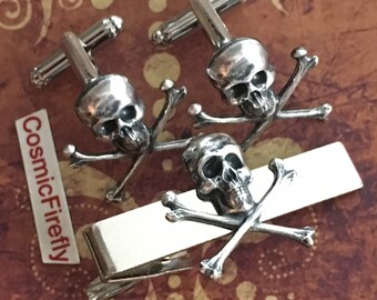 Small Skull Cufflinks & Skull Tie Clip Gothic Victorian Steampunk Pirate Cufflinks Silver Plated Metal