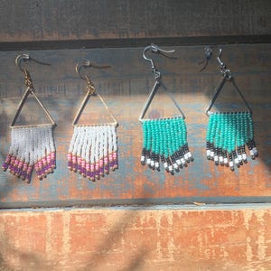 handmade beaded triangle fringe earrings
