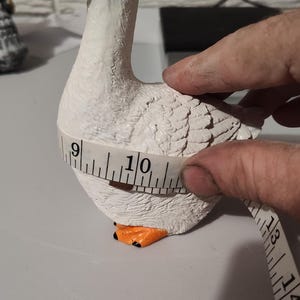 May include: A white goose figurine with orange beak and feet, measured with a tape measure, showing a circumference of 10 inches.