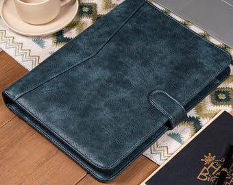 Personalized Retro Blue Leather Padfolio,  A4 Leather Journal with Snap Closure, Company Gift for Her, Gift for Him, Clipboard & Clips