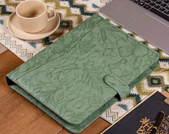 Personalized Green Leather Portfolio for Women, Custom A4 Padfolio with 3Ring Binder, Embossed PU Leather Padfolio for 13&quot; MacBook, Gifts
