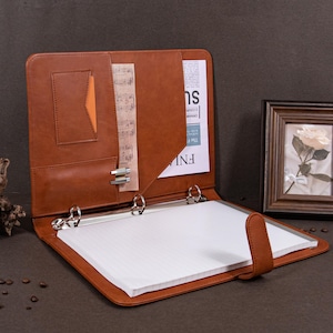 Carpeta portadocumentos de 3 anillas, portafolios retro personalizado de cuero marrón, portafolios para hombre, diario de cuero sintético A4, regalo para él/ella