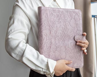 3-Ring Binder Portfolio, Personalized Embossed Leather Padfolio, Women Padfolio,Custom A4 Leather Journal with Snap Closure, Christmas Gifts