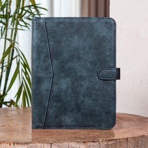 Carpeta portadocumentos de 3 anillas, portafolios de cuero azul retro personalizado, portafolios para hombre, diario de cuero sintético A4, regalo de Navidad para él