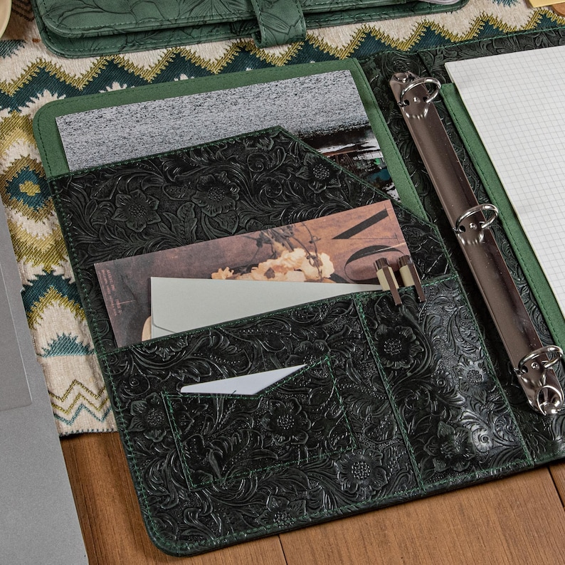 Personalized Genuine Leather Portfolio for Women,A4 Custom Journal Cover,Embossed Real Leather Padfolio for 13"MacBook,Gifts,3-Ring Binder image 7