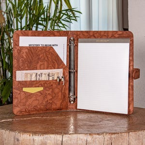 3-Ring Binder Portfolio,Personalized Leather for Women, A4 Custom Journal Cover, Brown Embossed PU Leather Padfolio for 13&quot; MacBook, Gift