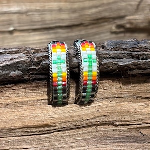 Vintage Southwest Sterling Silver Half Hoops with Seed Beading