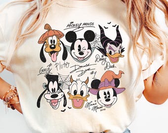 Camiseta de Halloween de Mickey y sus amigos, camiseta vintage de Disney para la temporada de Halloween, linda camiseta retro de Mickey, Minnie, Donald, Goofy y Pluto, regalo de Halloween