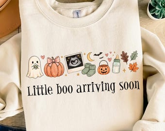 Camiseta "Pequeño Boo llegará pronto", camiseta de anuncio de embarazo de Halloween, revelación de bebé de otoño, camiseta de bebé espeluznante, regalo de bebé de calabaza, futura mamá