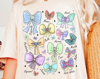 Kokette Bögen Aquarell Disney Prinzessin Shirt, Kokette Schleife Disney Shirt, Aurora Ariel Belle Aschenputtel Tiana, Disneyland Mädchen Reise Shirts