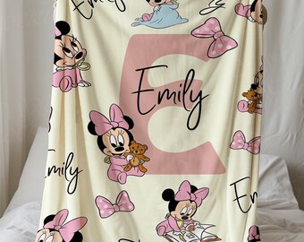 Manta personalizada de Minnie para bebé, regalo personalizado con nombre para niños, mantas de Minnie Mouse, manta para guardería, rosa neutro, regalo para baby shower