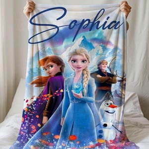 Spersonalizowany koc Disney Frozen, prezent z niestandardowym imieniem, koc Elsa Anna, koc Disney Princess, Frozen Elsa Throw, Anna Elsa Bruni Olaf