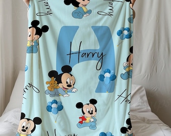 Manta personalizada de Mickey para bebé, manta con nombre personalizado Mikey, mantas de Mickey Mouse, manta para habitación infantil, azul unisex, regalo para baby shower