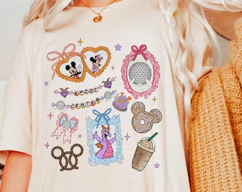 Maglietta Coquette Bow Epcot Center Comfort Color, Maglietta Mickey & Friends Epcot, Maglietta Girly aesthetic, Figment Orange Bird, Epcot World Tour