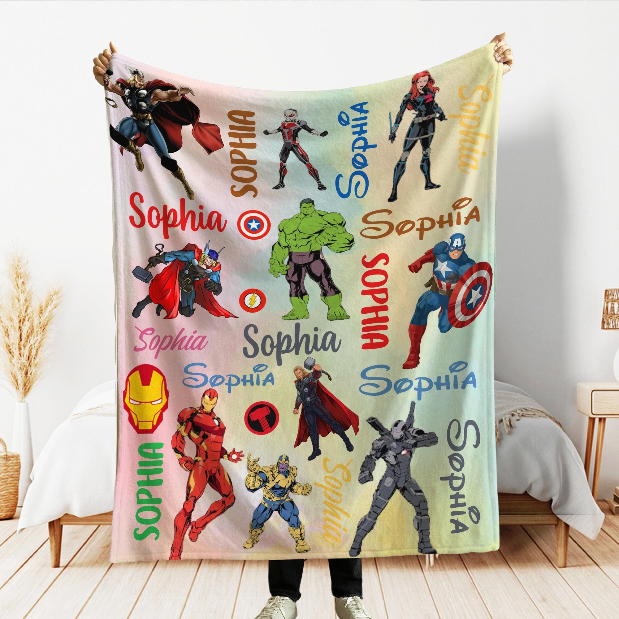 Discover Personalized Marvel Avengers Fleece Blanket with Custom Name, Superhero Birthday Gift, Marvel Comic Throws