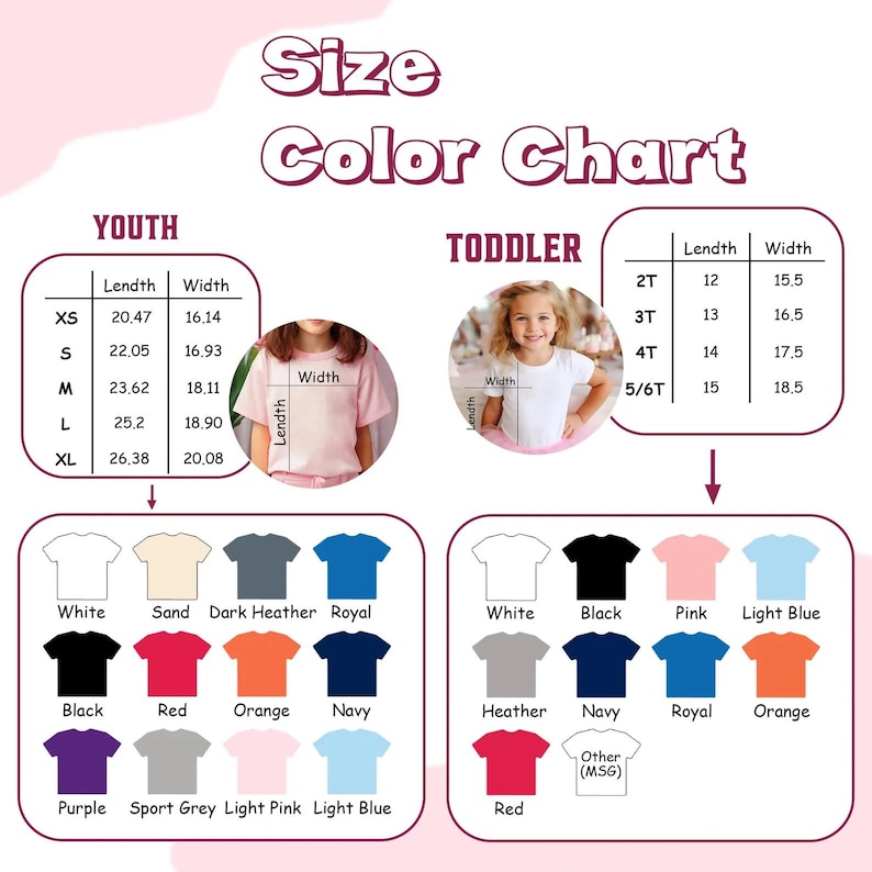 以下が含まれることがあります： ユースと幼児向けのTシャツのサイズとカラーチャート。チャートには、さまざまなサイズのセンチメートル単位の測定値と、白、黒、ピンク、青などの色合いのカラーパレットが含まれています。