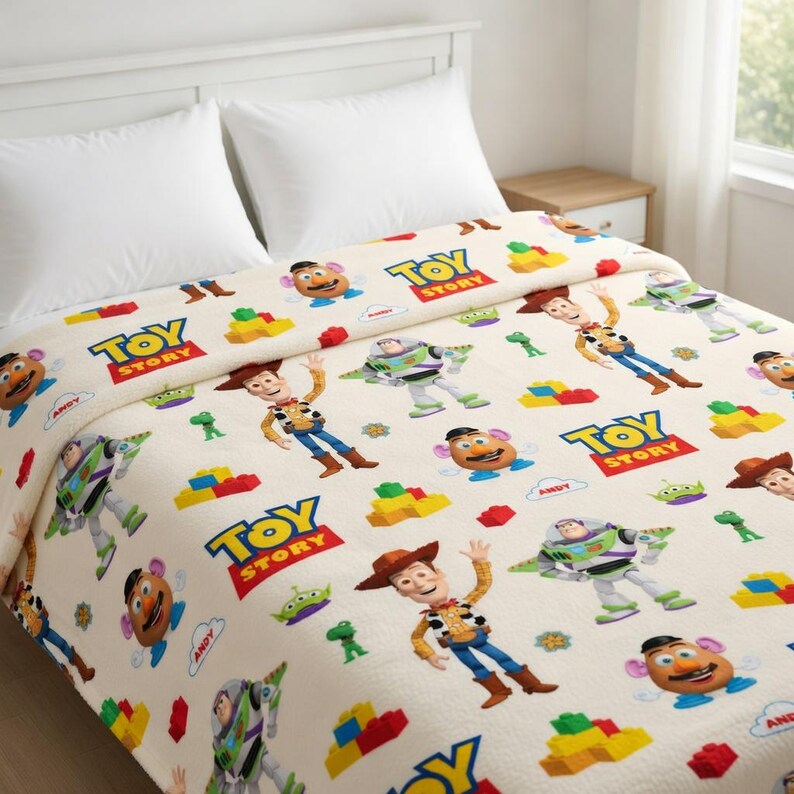May include: A cream-colored Toy Story fleece blanket featuring Woody, Buzz Lightyear, Mr. Potato Head, and the Toy Story logo. The blanket has a repeating pattern of the characters and the word "ANDY" on the design.
