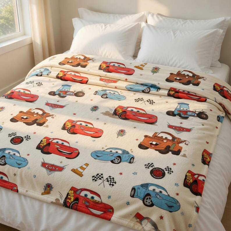 Puede incluir: Una manta beige con un patr&oacute;n repetido de coches de dibujos animados en rojo, azul y marr&oacute;n. Los coches tienen varios dise&ntilde;os y expresiones. Gr&aacute;ficos adicionales incluyen banderas a cuadros, conos de tr&aacute;fico y elementos tem&aacute;ticos de carreras.